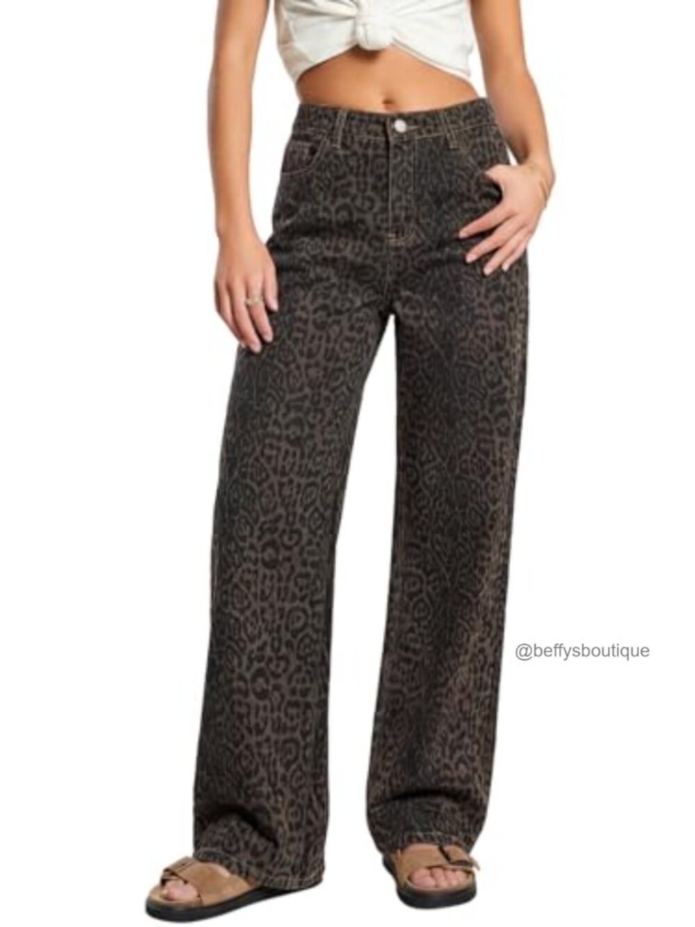 Leopard Print Baggy Jeans High Waisted Wide Leg Denim Pants